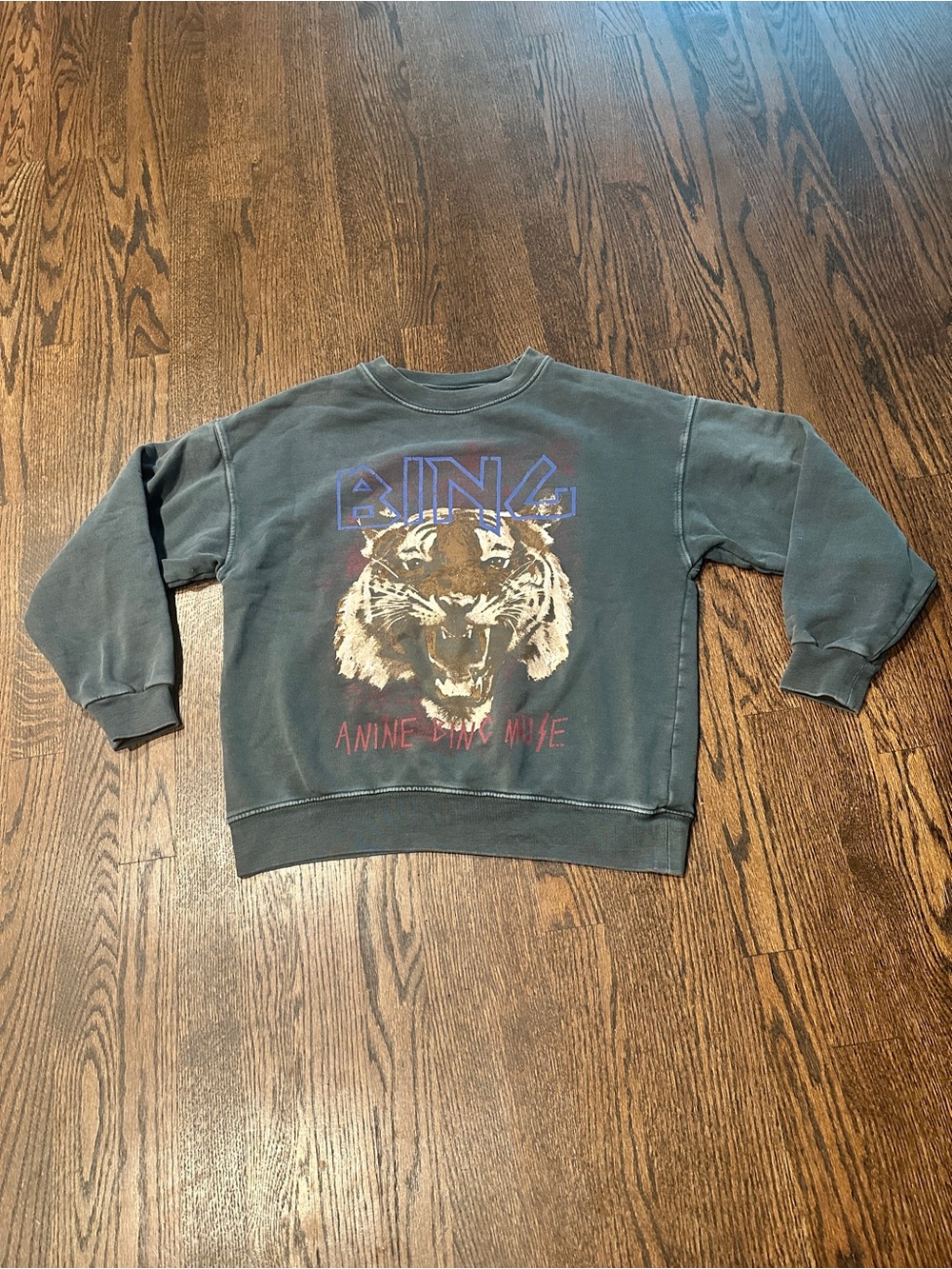 Anine Bing Washed Charcoal Crewneck Sweatshirt with Tiger Graphic
